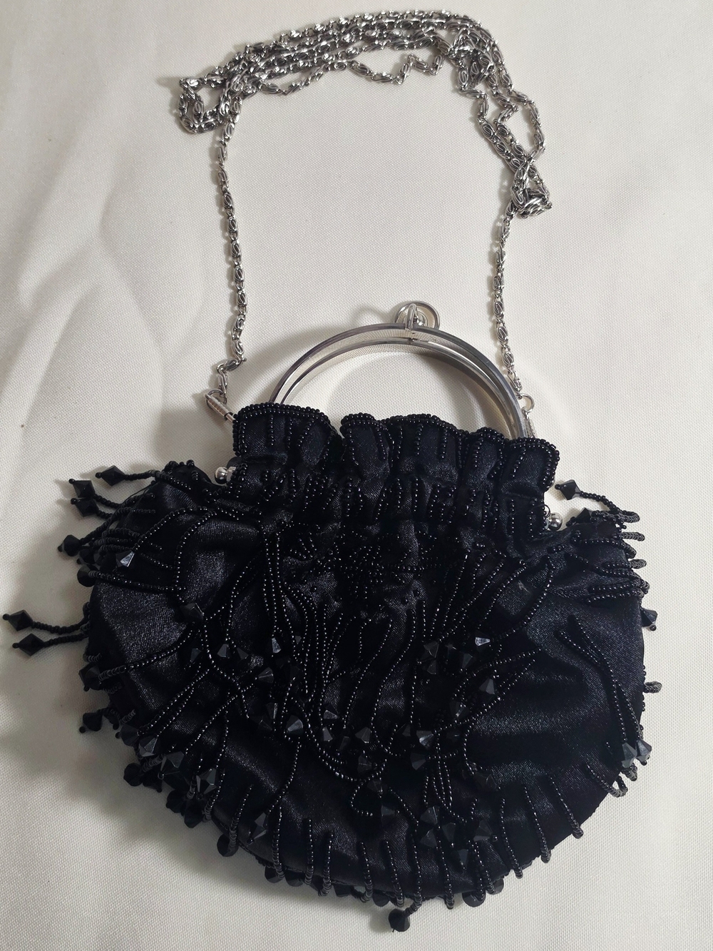 Bijoux Terner Black Beaded Clutch/Shoulder/Crossbody Bag with Silver Chain
